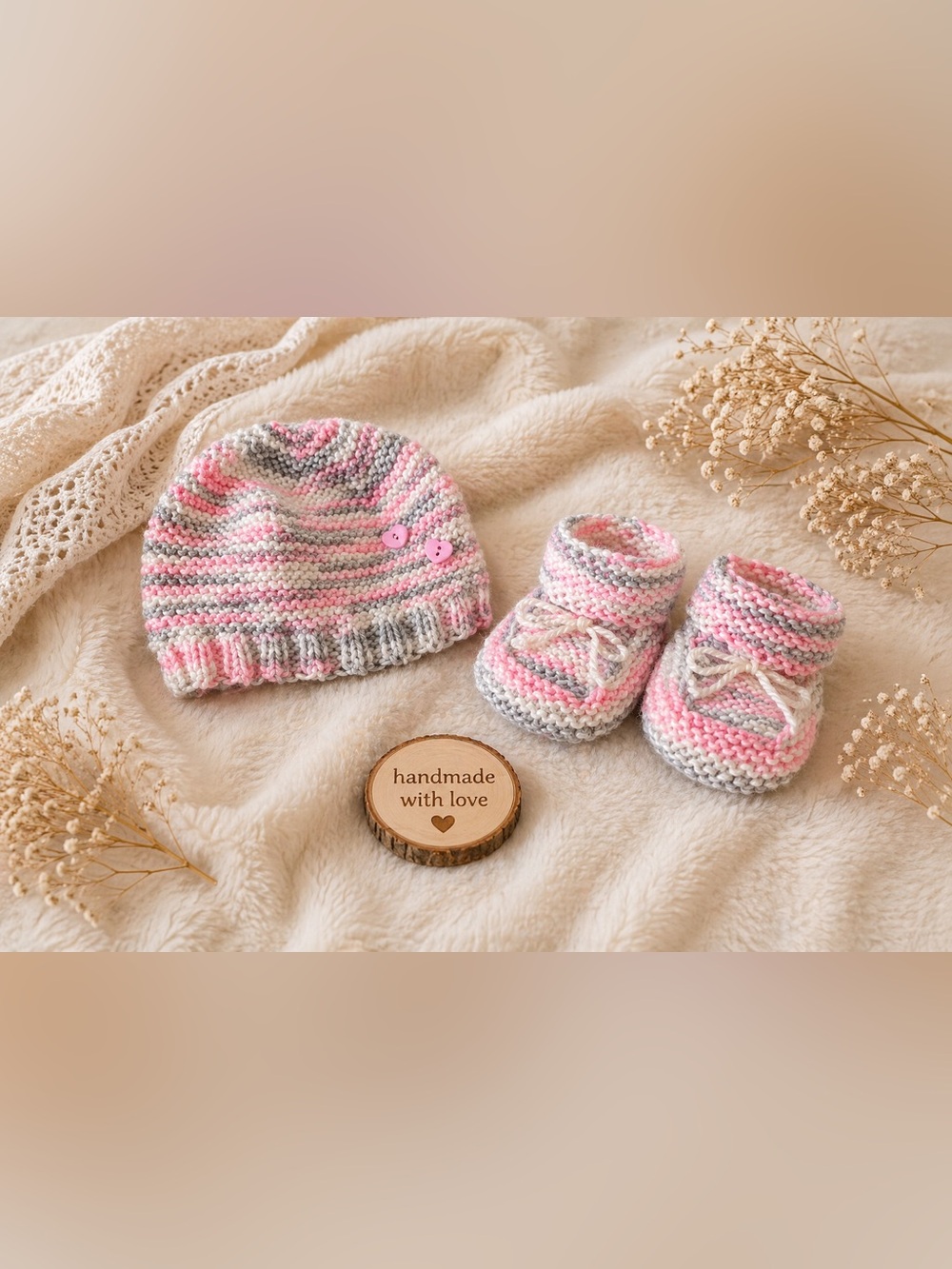 Handmade Pink & Gray Knit Baby Booties - Soft Newborn Shoes